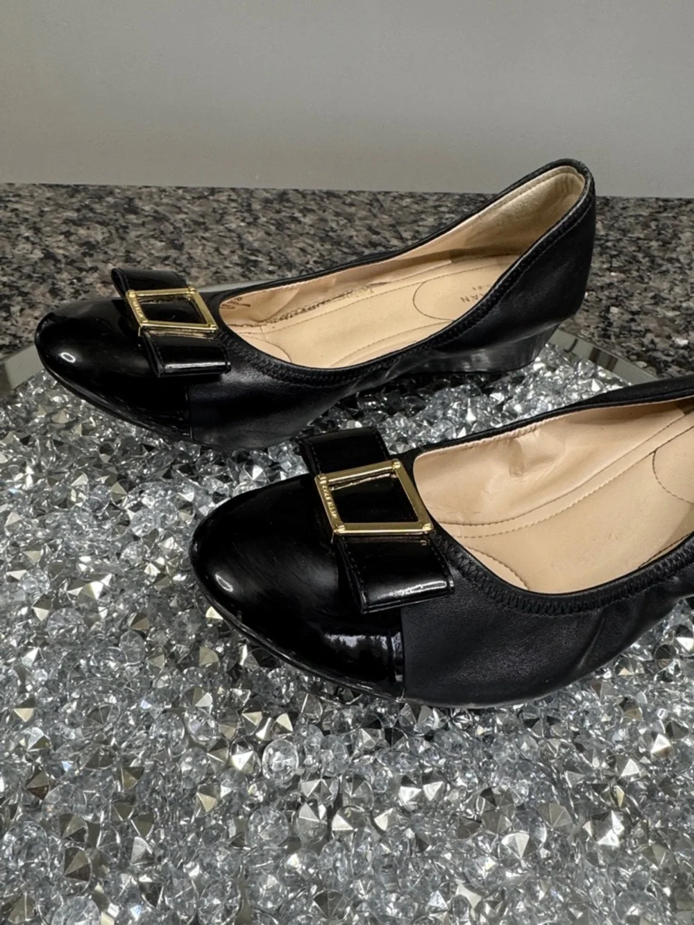 Cole Haan Black leather Wedge ballet Flats with Gold Bow Detail 9